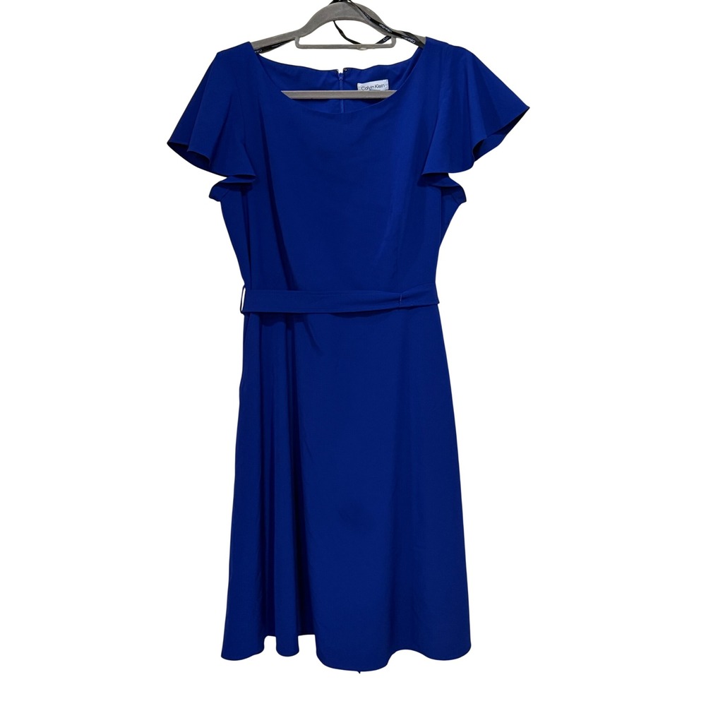 Calvin Klein Royal Blue Flutter Sleeve Belted Fit Flare Dress CD4C19LA Size 14